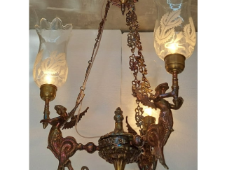 Rare Vintage Victorian Cut Glass Art Deco Nouveau Mermaid Light Old Lamp Ceiling Hanging Chandelier Fixture Brass & Cut Glass Light Antique
