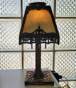 Antique Victorian Slag Glass Caramel Lamp 4 Panel Bronze Base Circa 1900