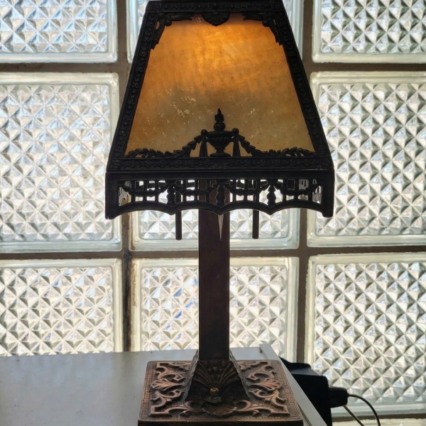 Antique Victorian Slag Glass Caramel Lamp 4 Panel Bronze Base Circa 1900