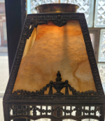 Antique Victorian Slag Glass Caramel Lamp 4 Panel Bronze Base Circa 1900 - Image 2