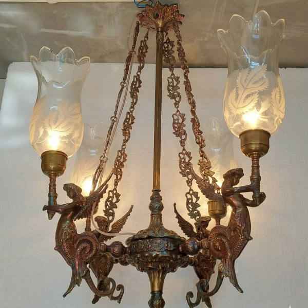 Rare Vintage Victorian Cut Glass Art Deco Nouveau Mermaid Light Old Lamp Ceiling Hanging Chandelier Fixture Brass & Cut Glass Light Antique